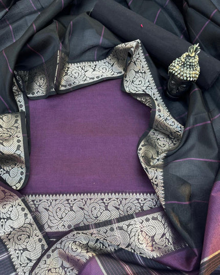 Mangalagiri Semi Pattu Dress Material with Zari Border – Deep Purple Colour