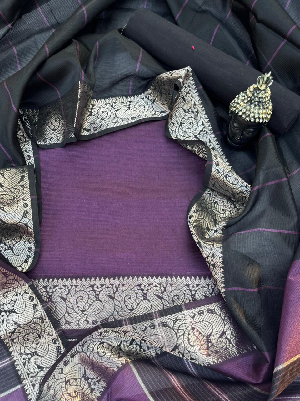 Mangalagiri Semi Pattu Dress Material with Zari Border – Deep Purple Colour
