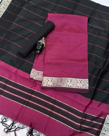 Mangalagiri Semi Pattu Dress Material with Zari Border – Dark Pink Colour