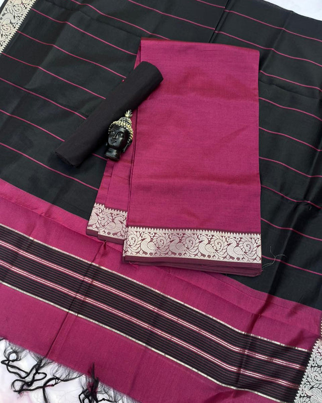 Mangalagiri Semi Pattu Dress Material with Zari Border – Dark Pink Colour