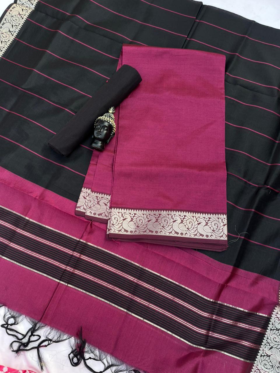 Mangalagiri Semi Pattu Dress Material with Zari Border – Dark Pink Colour