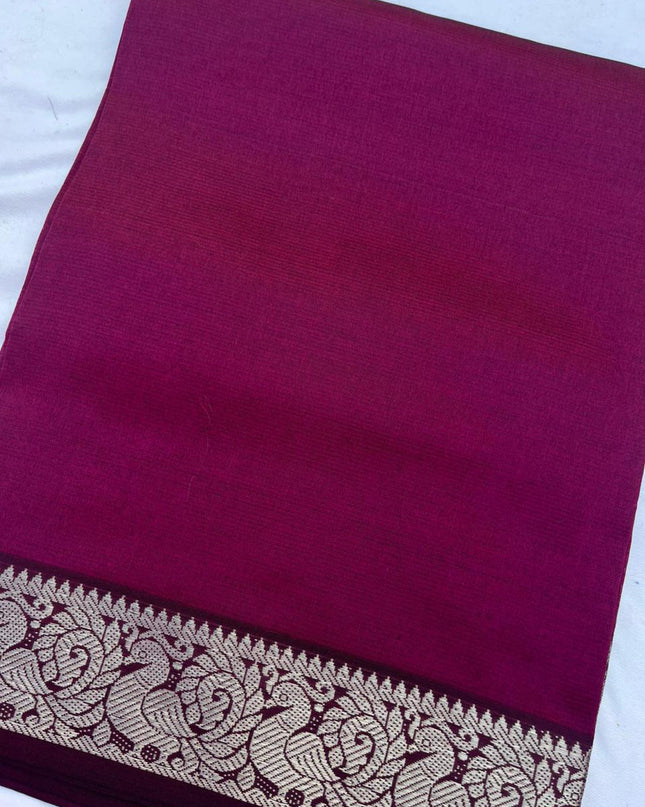 Mangalagiri Semi Pattu Dress Material with Zari Border – Dark Pink Colour