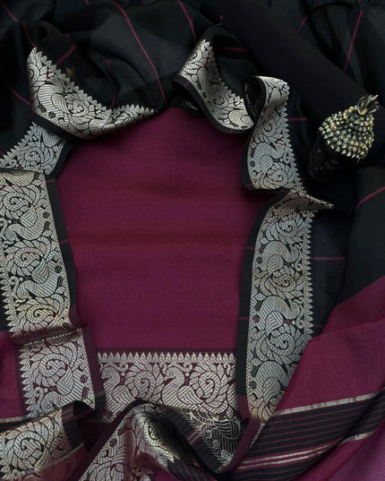 Mangalagiri Semi Pattu Dress Material with Zari Border – Dark Pink Colour