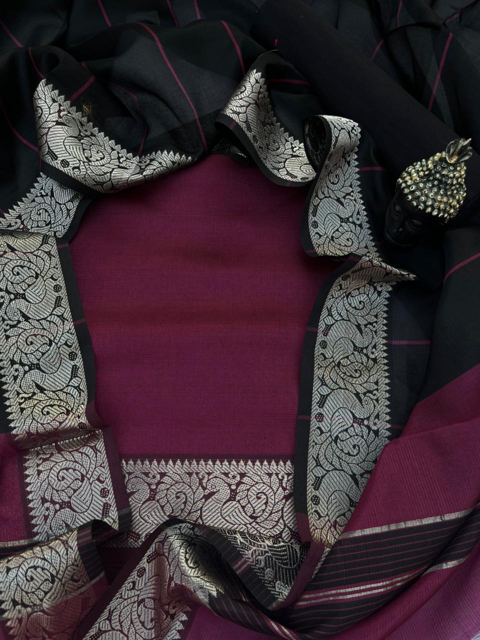 Mangalagiri Semi Pattu Dress Material with Zari Border – Dark Pink Colour