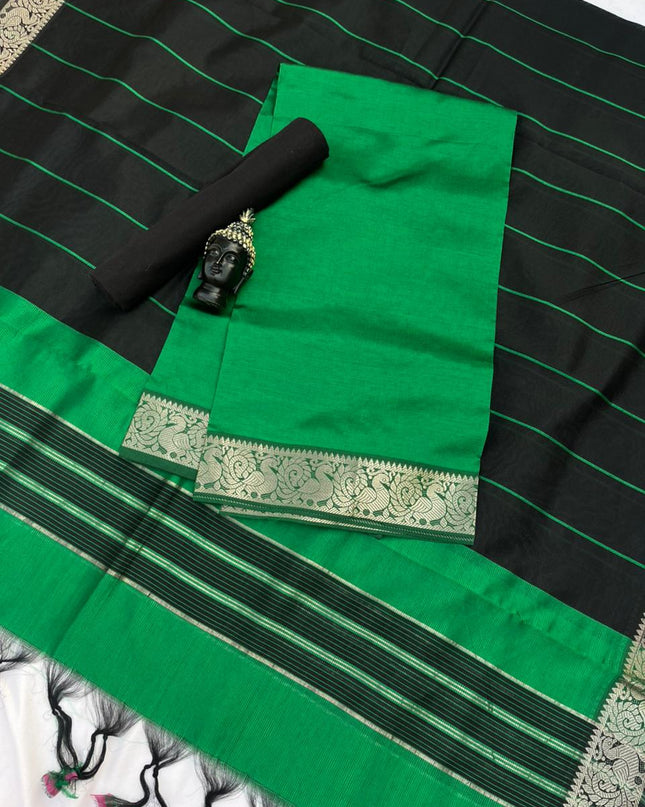 Mangalagiri Semi Pattu Dress Material with Zari Border – Green Colour