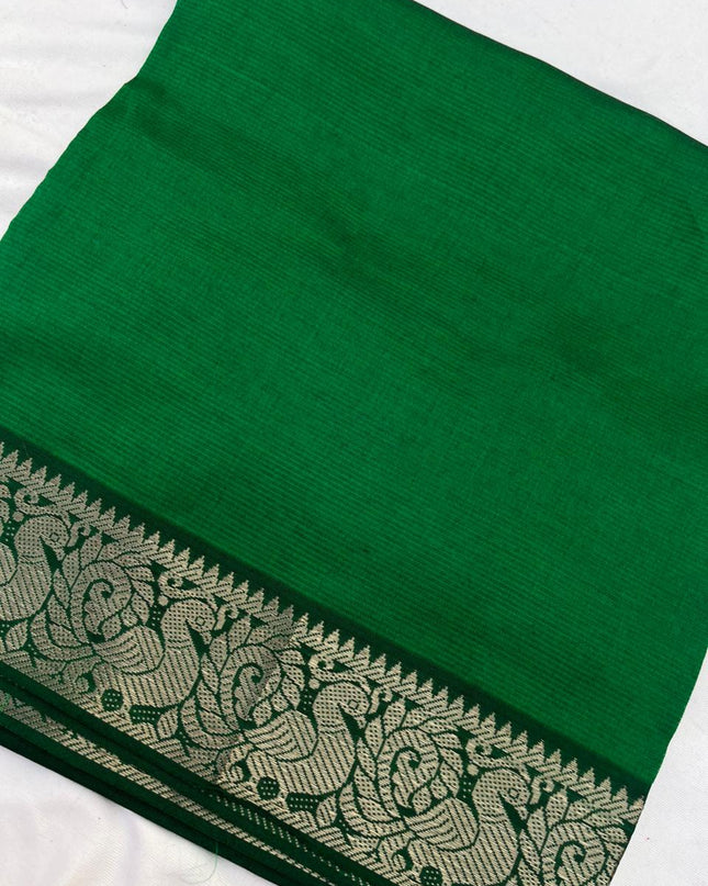 Mangalagiri Semi Pattu Dress Material with Zari Border – Green Colour