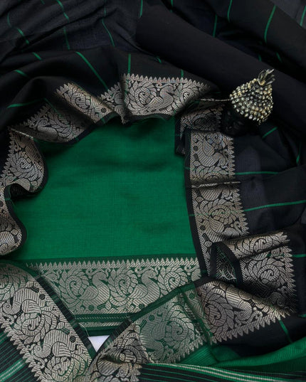 Mangalagiri Semi Pattu Dress Material with Zari Border – Green Colour
