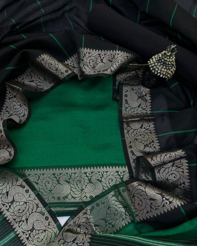 Mangalagiri Semi Pattu Dress Material with Zari Border – Green Colour