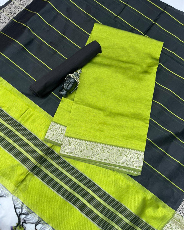 Mangalagiri Semi Pattu Dress Material with Zari Border – Greenish Yellow Colour
