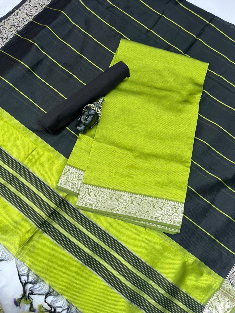 Mangalagiri Semi Pattu Dress Material with Zari Border – Greenish Yellow Colour