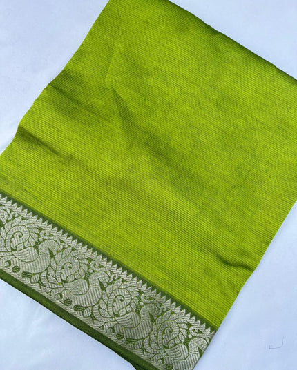 Mangalagiri Semi Pattu Dress Material with Zari Border – Greenish Yellow Colour