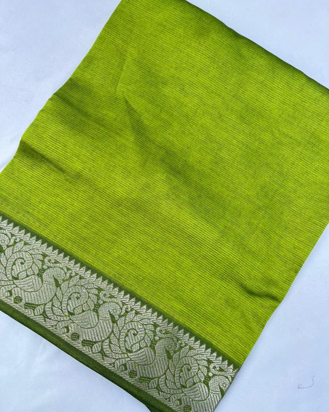 Mangalagiri Semi Pattu Dress Material with Zari Border – Greenish Yellow Colour
