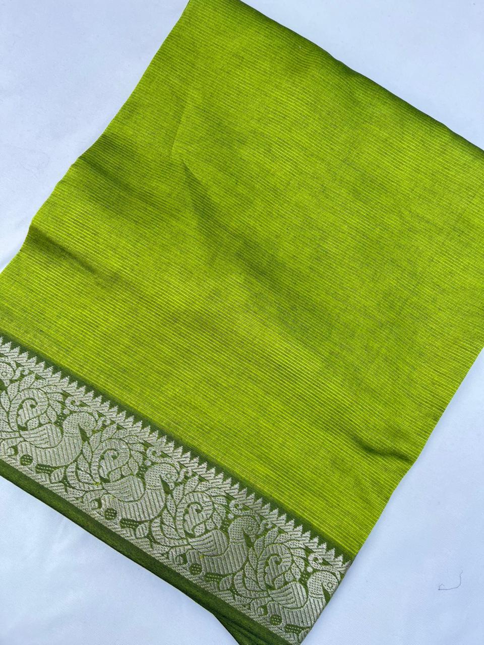 Mangalagiri Semi Pattu Dress Material with Zari Border – Greenish Yellow Colour