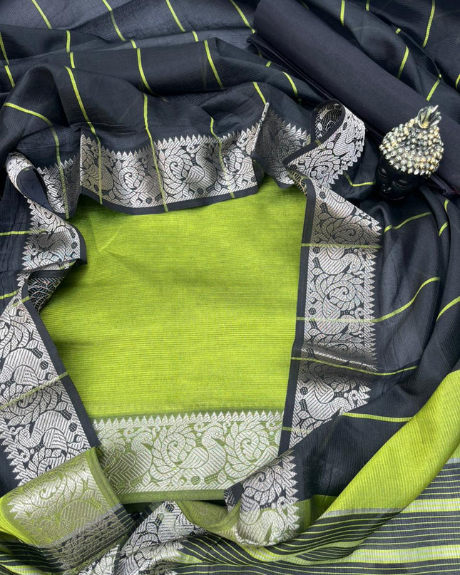 Mangalagiri Semi Pattu Dress Material with Zari Border – Greenish Yellow Colour