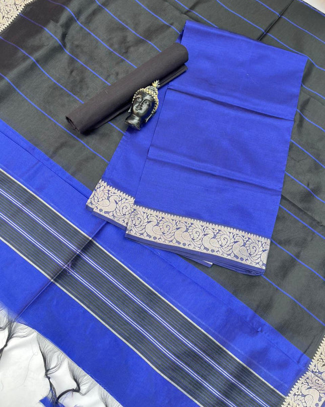 Mangalagiri Semi Pattu Dress Material with Zari Border – Royal Blue Colour