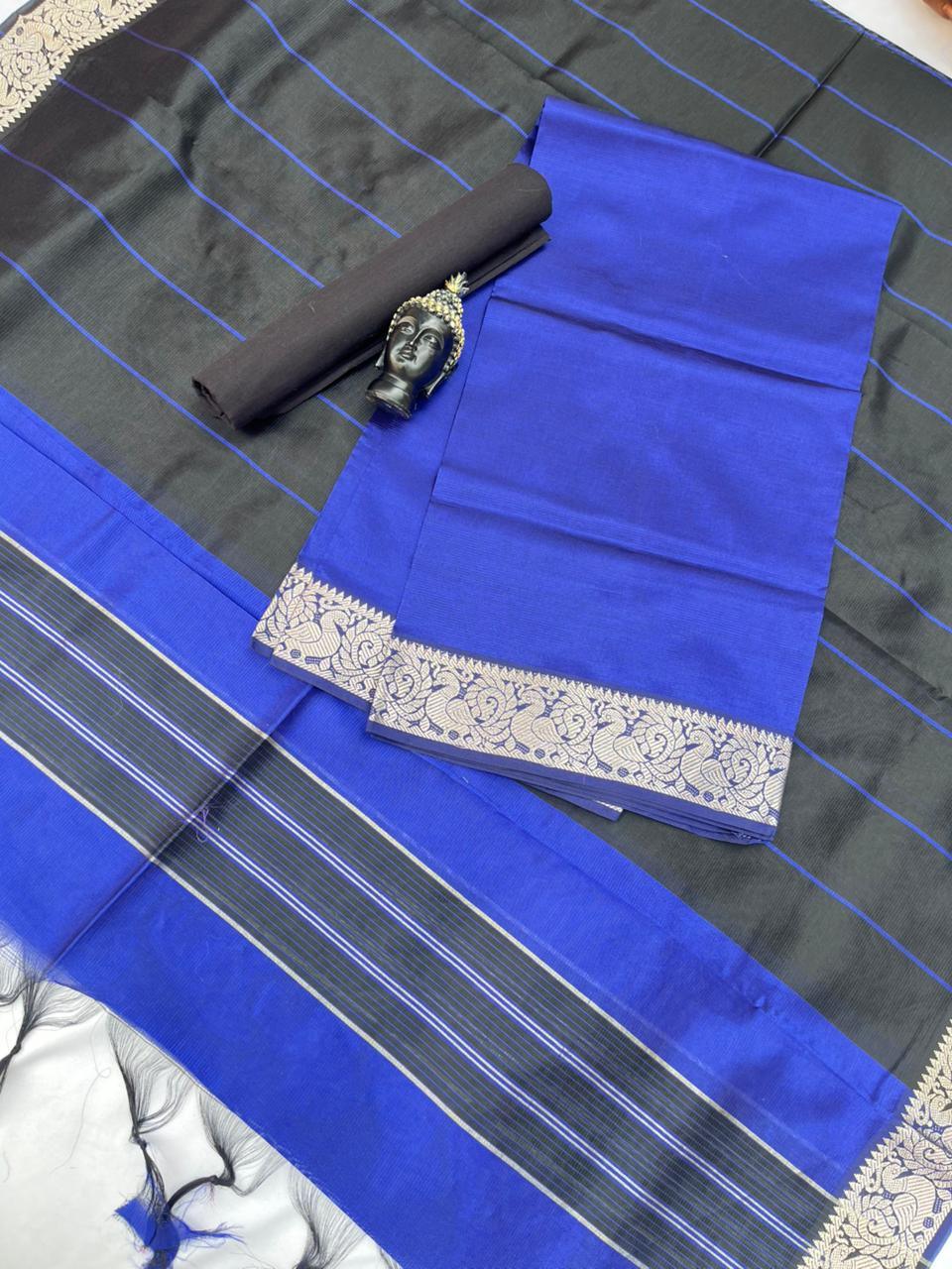 Mangalagiri Semi Pattu Dress Material with Zari Border – Royal Blue Colour