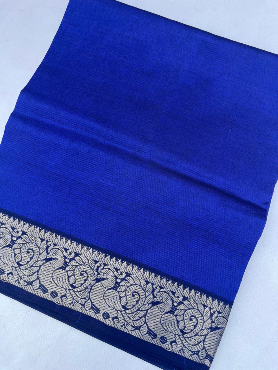 Mangalagiri Semi Pattu Dress Material with Zari Border – Royal Blue Colour