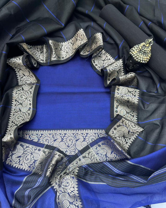 Mangalagiri Semi Pattu Dress Material with Zari Border – Royal Blue Colour