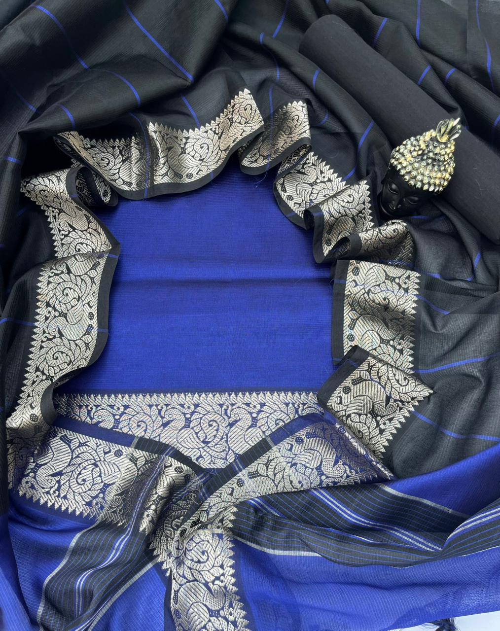 Mangalagiri Semi Pattu Dress Material with Zari Border – Royal Blue Colour