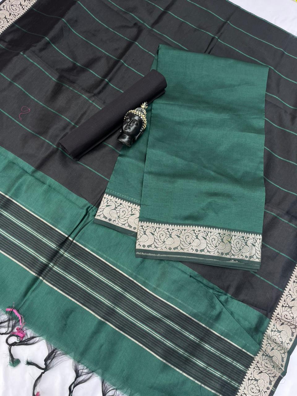 Mangalagiri Semi Pattu Dress Material with Zari Border – Sea Green Colour