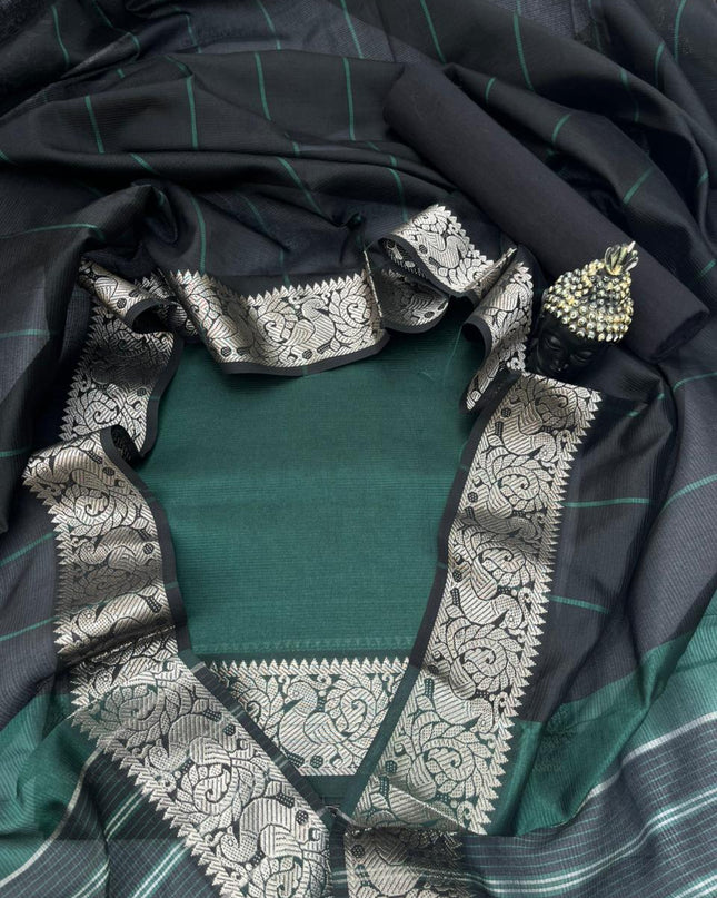 Mangalagiri Semi Pattu Dress Material with Zari Border – Sea Green Colour
