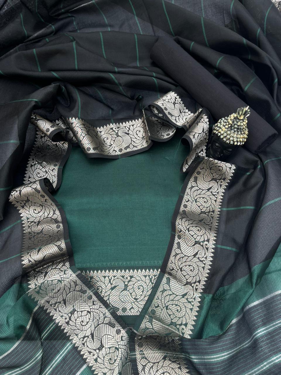 Mangalagiri Semi Pattu Dress Material with Zari Border – Sea Green Colour