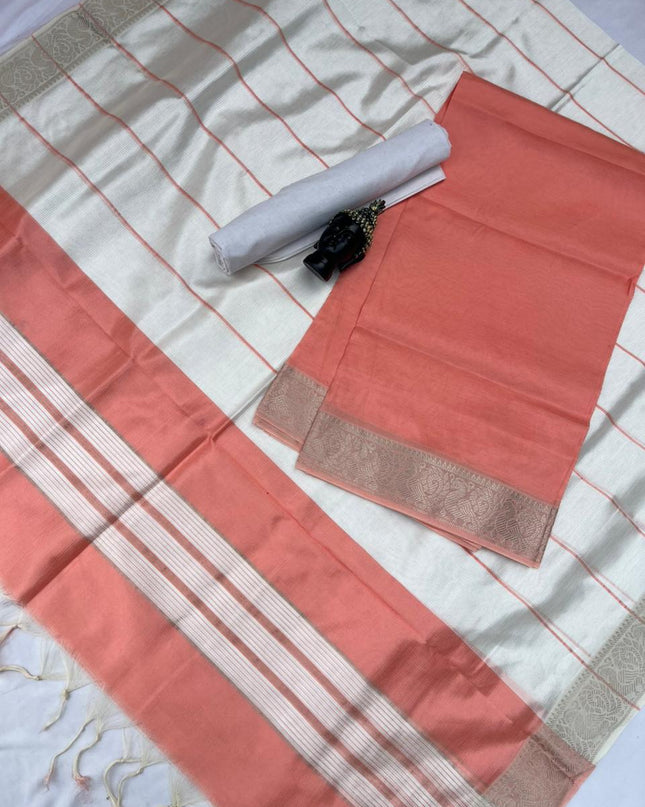 Mangalagiri Semi Pattu Dress Material with Zari Border – Orange Colour