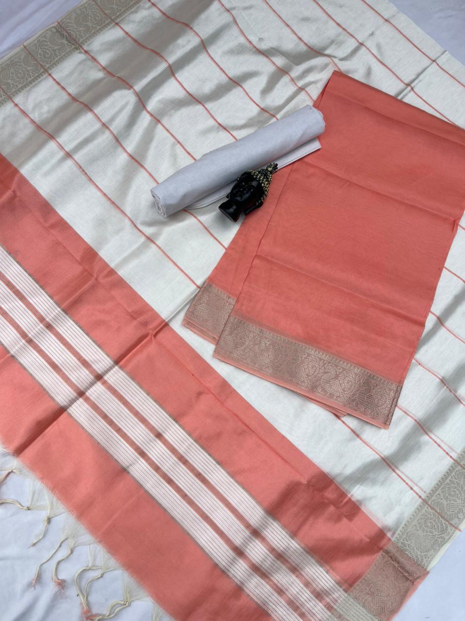Mangalagiri Semi Pattu Dress Material with Zari Border – Orange Colour