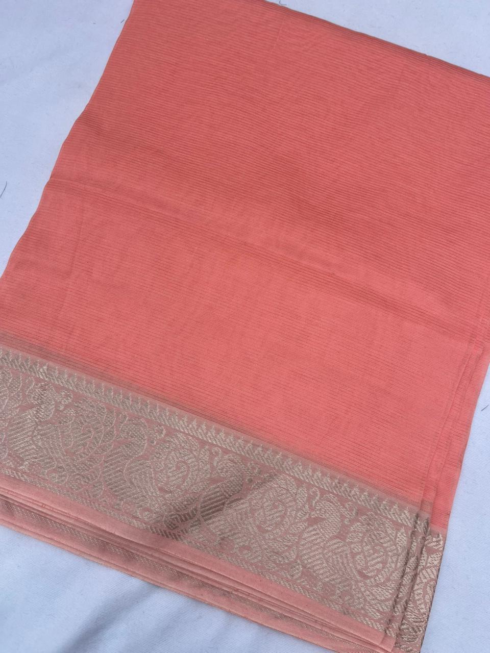 Mangalagiri Semi Pattu Dress Material with Zari Border – Orange Colour