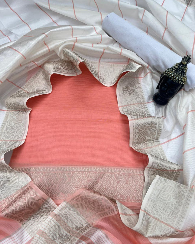 Mangalagiri Semi Pattu Dress Material with Zari Border – Orange Colour