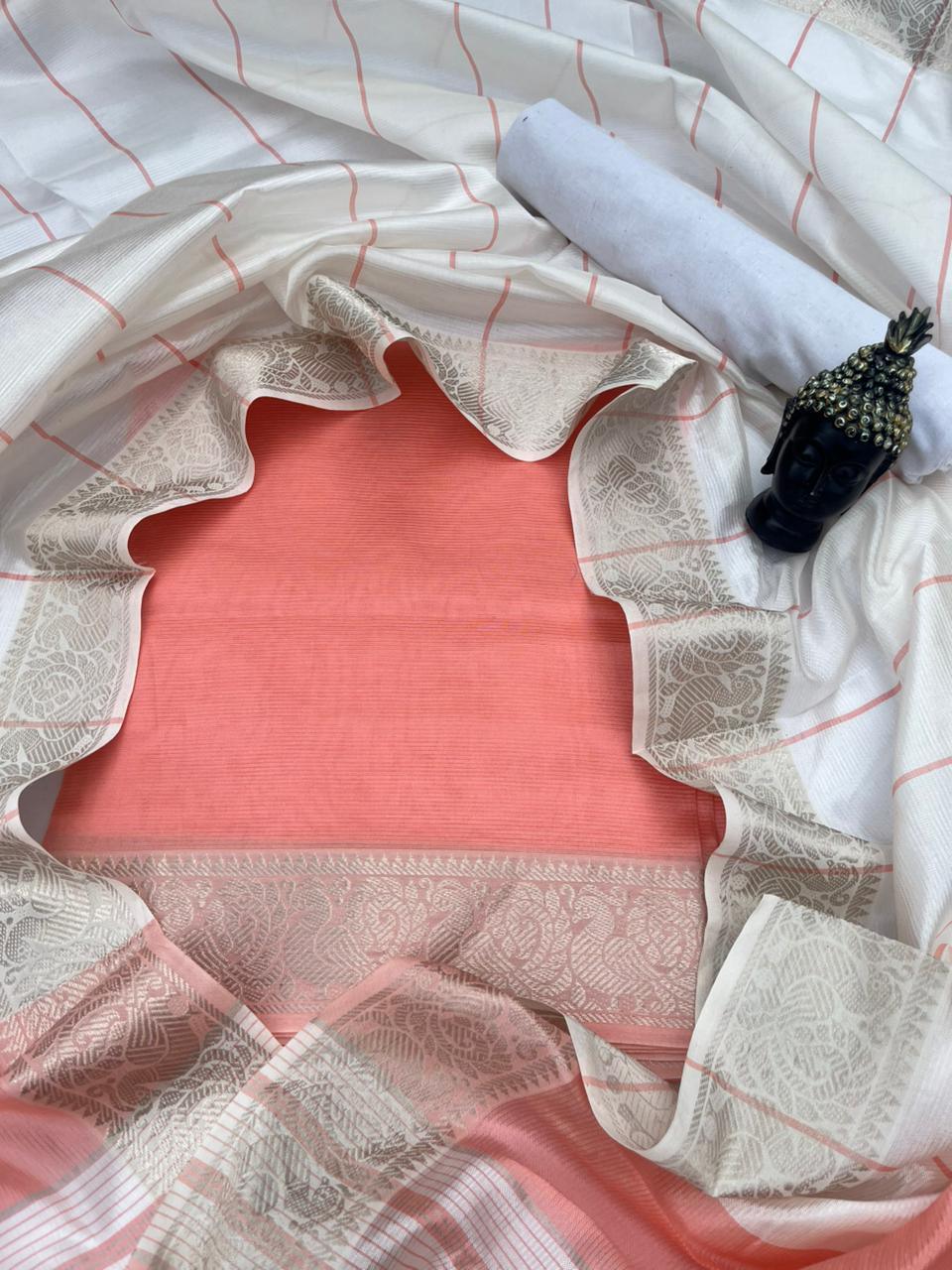 Mangalagiri Semi Pattu Dress Material with Zari Border – Orange Colour
