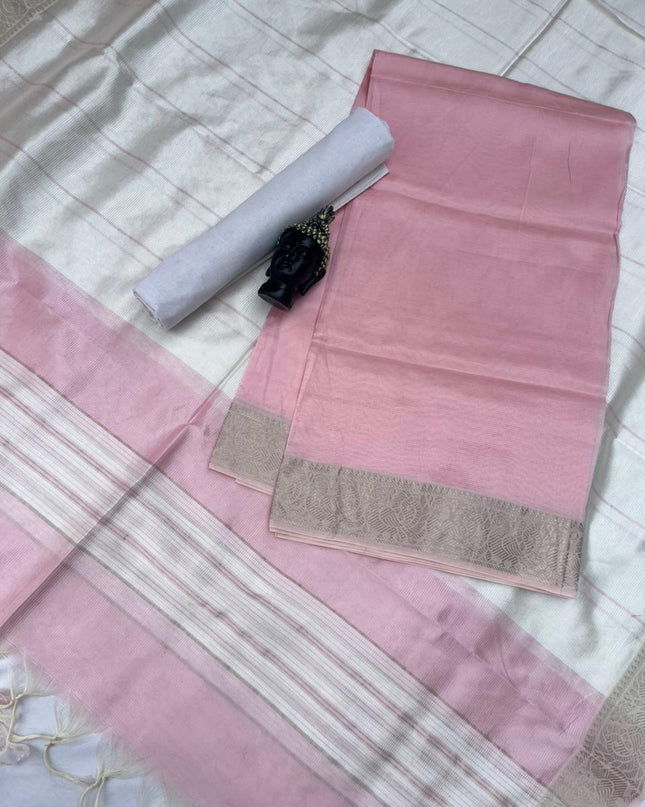 Mangalagiri Semi Pattu Dress Material with Zari Border – Pastel Baby Pink Colour