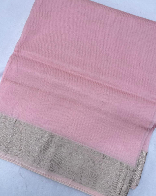 Mangalagiri Semi Pattu Dress Material with Zari Border – Pastel Baby Pink Colour