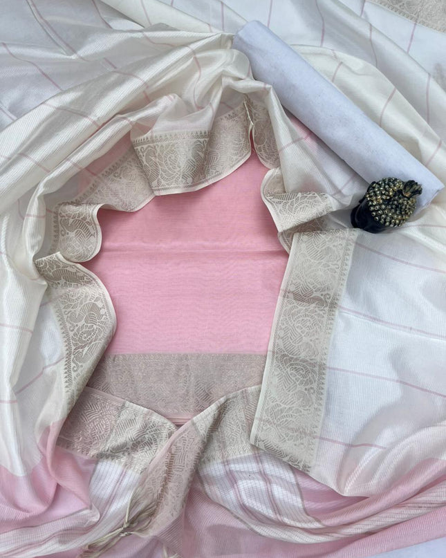Mangalagiri Semi Pattu Dress Material with Zari Border – Pastel Baby Pink Colour
