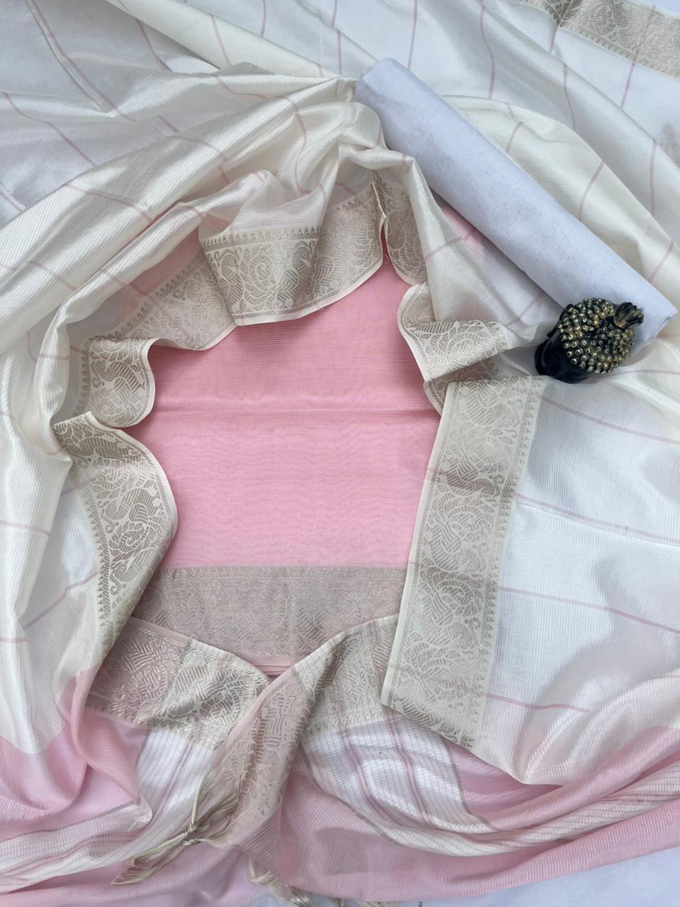 Mangalagiri Semi Pattu Dress Material with Zari Border – Pastel Baby Pink Colour