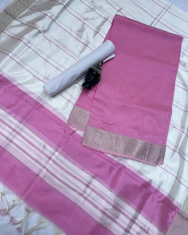 Mangalagiri Semi Pattu Dress Material with Zari Border – Pink Colour