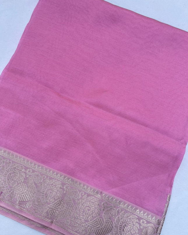 Mangalagiri Semi Pattu Dress Material with Zari Border – Pink Colour