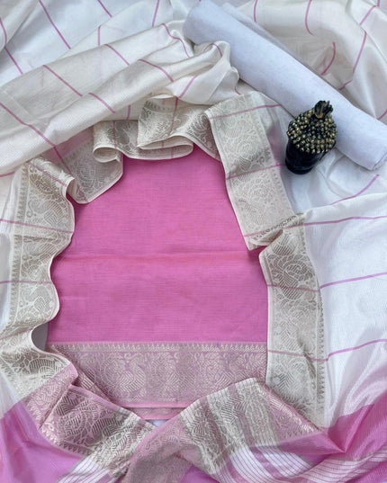 Mangalagiri Semi Pattu Dress Material with Zari Border – Pink Colour