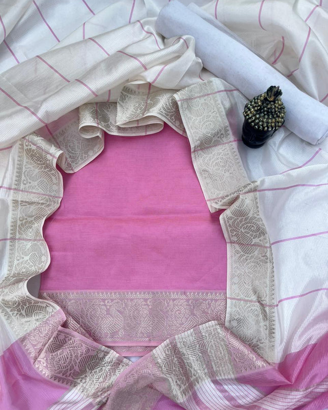 Mangalagiri Semi Pattu Dress Material with Zari Border – Pink Colour