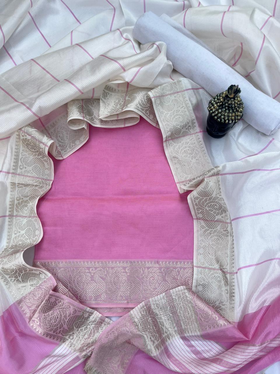 Mangalagiri Semi Pattu Dress Material with Zari Border – Pink Colour
