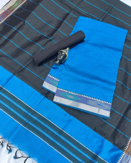 Mangalagiri Semi Pattu Dress Material with Pochampally Border – Blue Colour