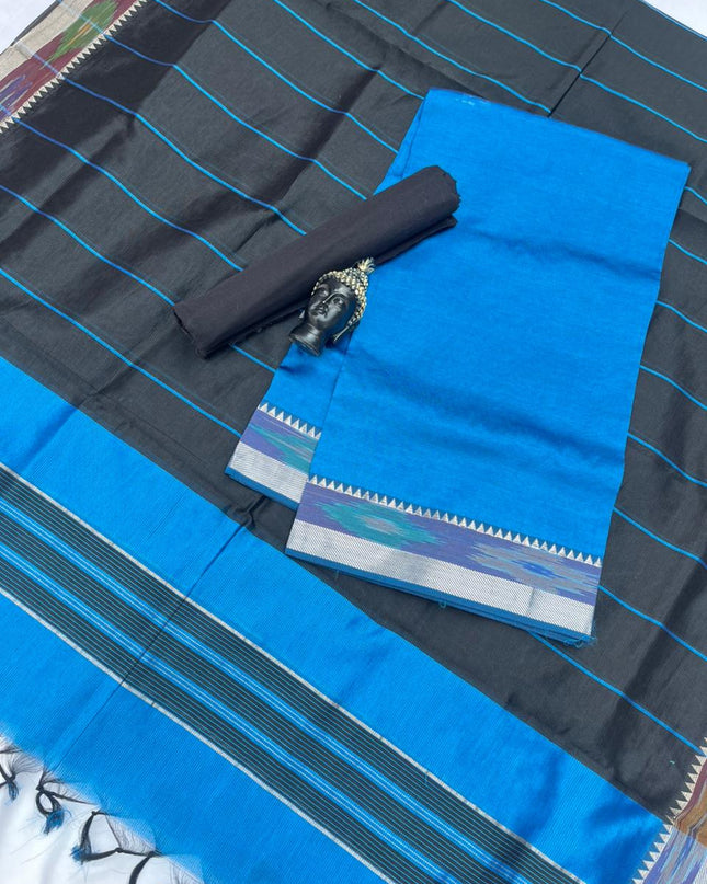 Mangalagiri Semi Pattu Dress Material with Pochampally Border – Blue Colour