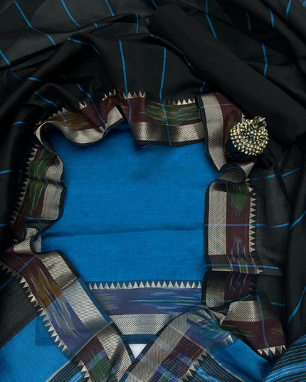 Mangalagiri Semi Pattu Dress Material with Pochampally Border – Blue Colour