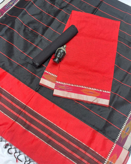 Mangalagiri Semi Pattu Dress Material with Pochampally Border – Red Colour