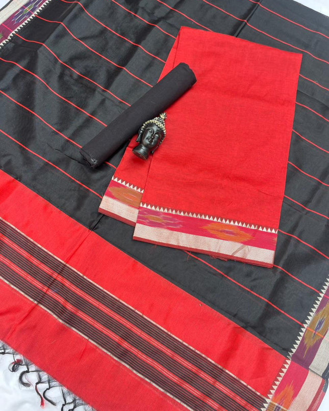 Mangalagiri Semi Pattu Dress Material with Pochampally Border – Red Colour