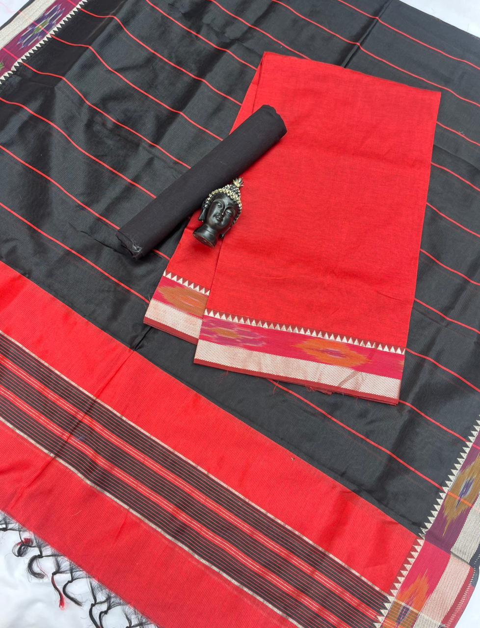 Mangalagiri Semi Pattu Dress Material with Pochampally Border – Red Colour
