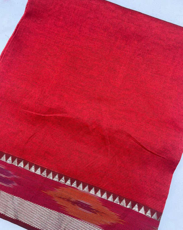 Mangalagiri Semi Pattu Dress Material with Pochampally Border – Red Colour
