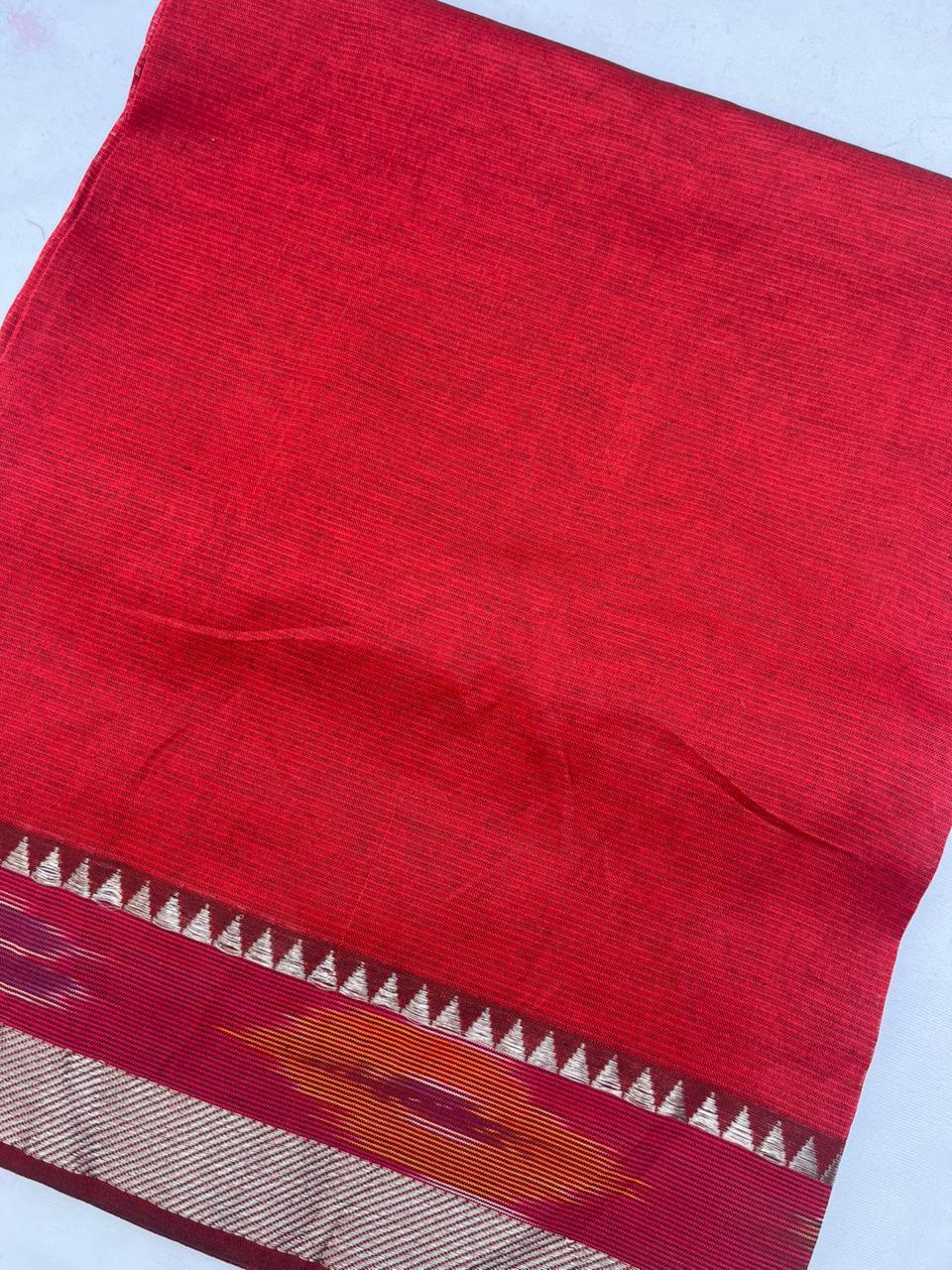 Mangalagiri Semi Pattu Dress Material with Pochampally Border – Red Colour