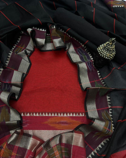 Mangalagiri Semi Pattu Dress Material with Pochampally Border – Red Colour