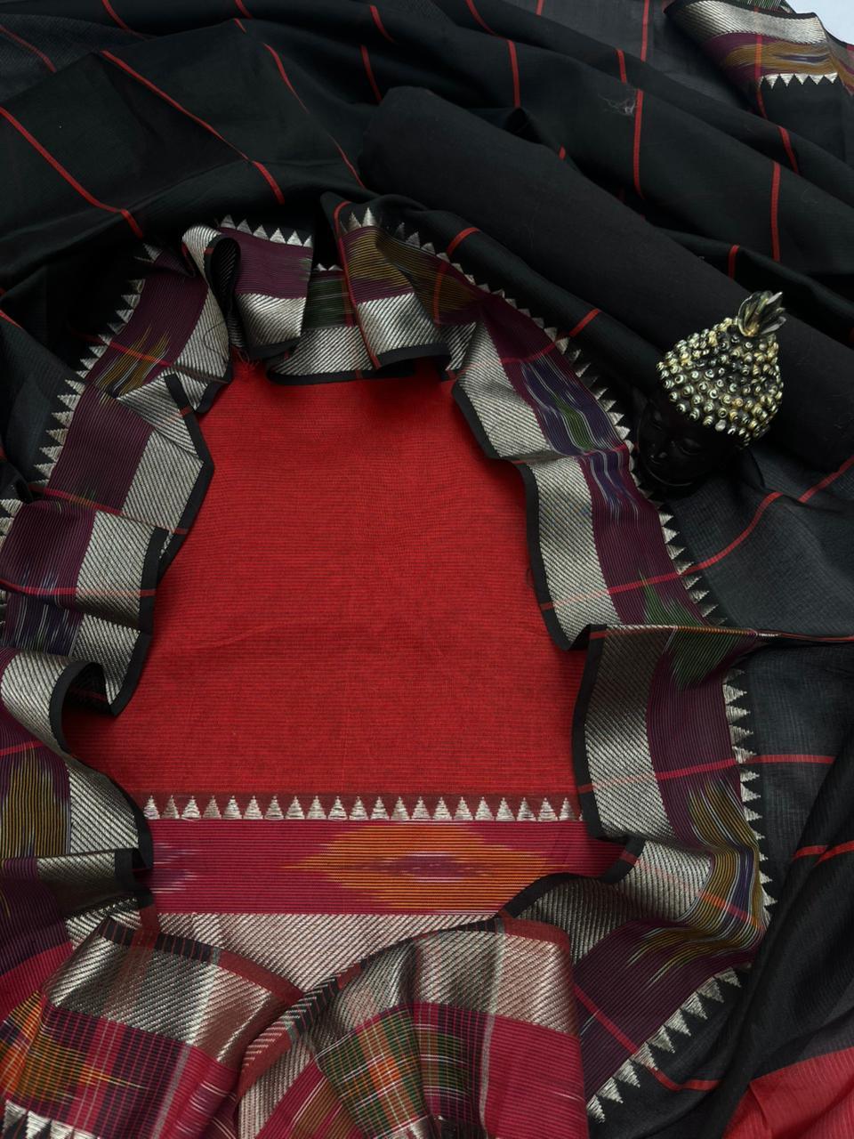 Mangalagiri Semi Pattu Dress Material with Pochampally Border – Red Colour